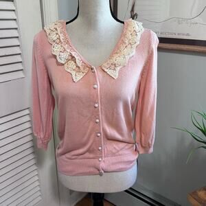 IENA Womens Sweater Cardigan Small Pink Lace Trim Pearl Button Feminine Cottage